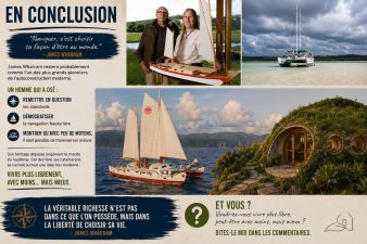 Infographie de conclusion sur James Wharram, ses catamarans et la philosophie de liberté reliée au concept GreenPod