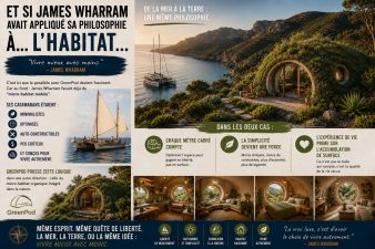 Infographie reliant la philosophie minimaliste de James Wharram aux micro-habitats écologiques GreenPod intégrés dans la nature