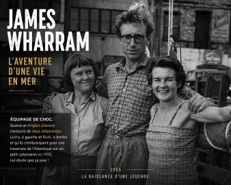 James Wharram entouré de Jutta et Ruth avant leur traversée de l’Atlantique en catamaran en 1955