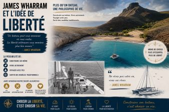 Infographie sur James Wharram et sa philosophie de liberté à travers les catamarans et la vie alternative en mer