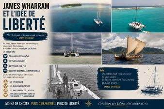 Infographie sur James Wharram et sa philosophie de liberté à travers les catamarans et la navigation alternative