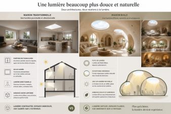 Comparaison entre la lumière d’une maison traditionnelle et celle d’une maison bulle avec puits de lumière et ouvertures organiques