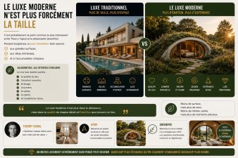 Comparaison entre luxe immobilier traditionnel et micro-habitat émotionnel GreenPod illustrant le luxe moderne basé sur l’expérience