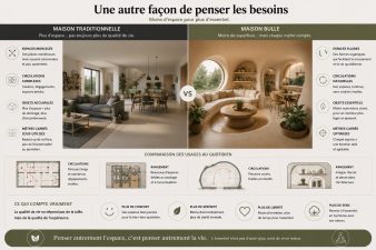 Comparaison entre une maison traditionnelle encombrée et une maison bulle optimisée avec espaces fluides et essentiels