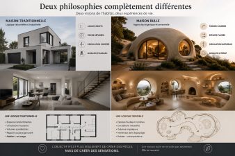 Comparaison visuelle entre une maison traditionnelle aux formes rectangulaires et une maison bulle organique aux espaces courbes