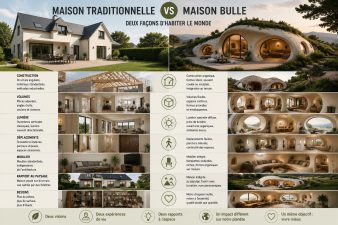 Comparaison entre une maison traditionnelle et une maison bulle avec différences d’architecture, lumière, volumes et mode de vie
