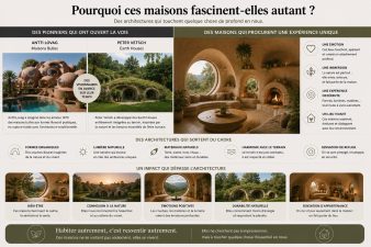 Infographie sur les maisons bulles d’Antti Lovag et les Earth Houses de Peter Vetsch illustrant l’architecture organique et immersive