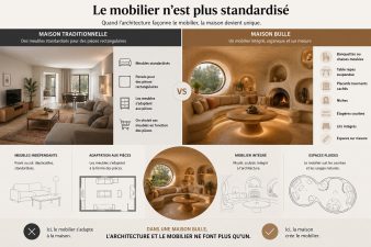 Comparaison entre mobilier standard d’une maison traditionnelle et mobilier intégré d’une maison bulle organique
