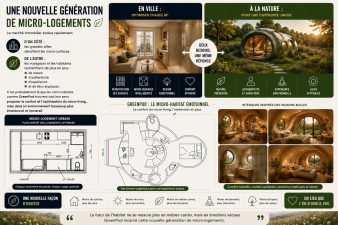 Infographie sur la nouvelle génération de micro-logements GreenPod inspirée du micro-living urbain et des habitats organiques immersifs