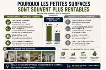 Comparaison entre petites surfaces et grandes maisons montrant une meilleure rentabilité locative des studios et petits appartements