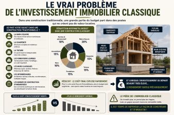 Infographie montrant les coûts cachés d’une construction traditionnelle et leur impact sur la rentabilité immobilière