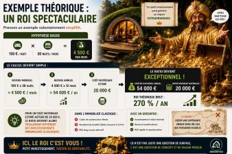 Infographie humoristique montrant un ROI immobilier spectaculaire avec un GreenPod et un trésor symbolisant une forte rentabilité