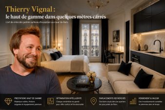 Thierry Vignal devant un studio parisien haut de gamme rénové et optimisé dans une petite surface