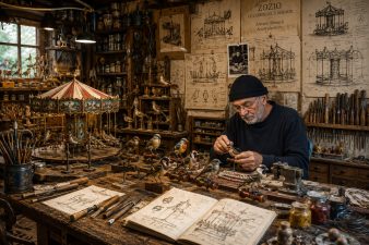 Antonio Benincà dans son atelier entouré d'outils, de croquis et de prototypes du Zozio, son célèbre carrousel à oiseaux artisanal.