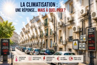 Rue équipée de dizaines de climatiseurs rejetant de l'air chaud pendant une canicule, illustrant l'augmentation de la consommation électrique et des îlots de chaleur urbains.