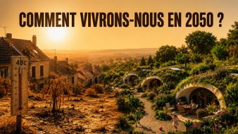 Maison traditionnelle surchauffée face à des maisons semi-enterrées GreenPod végétalisées, illustrant l'habitat de demain face aux canicules de 2050.