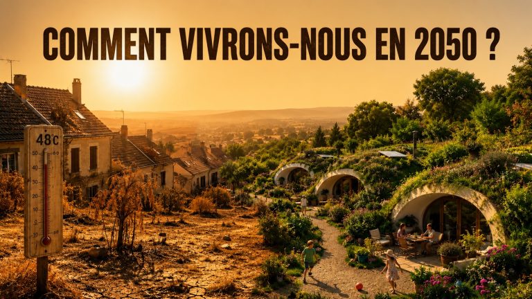 Maison traditionnelle surchauffée face à des maisons semi-enterrées GreenPod végétalisées, illustrant l'habitat de demain face aux canicules de 2050.
