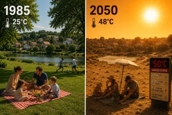 Comparaison entre un été de 1985 avec une température de 25 °C et un été de 2050 à 50 °C, illustrant les effets du réchauffement climatique sur les paysages et notre mode de vie.