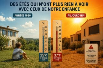 Comparaison entre les étés des années 1980 et les canicules actuelles en France avec hausse des températures et maisons exposées à la chaleur.