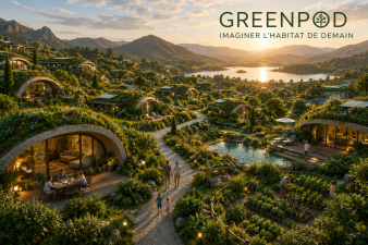 Écoquartier GreenPod composé de maisons semi-enterrées haut de gamme, recouvertes de végétation, avec jardins, potagers, panneaux solaires discrets et habitants profitant d'un cadre de vie en harmonie avec la nature.