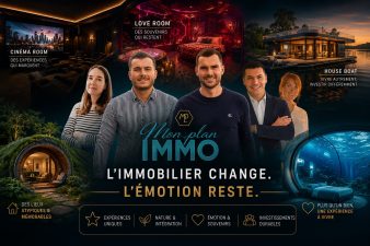 Montage graphique présentant Alexandre et Anthony Ducreux de Mon Plan Immo avec cinema room, love room, house boat et habitat GreenPod immersif