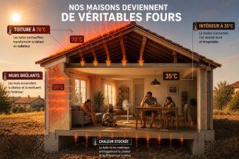 Coupe d'une maison traditionnelle pendant une canicule montrant une toiture à 70 °C, des murs surchauffés et une température intérieure de 35 °C où une famille cherche désespérément un peu de fraîcheur.