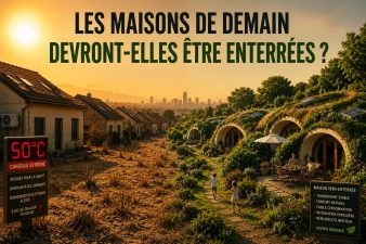 Comparaison entre des maisons traditionnelles surchauffées par une canicule à 50 °C et des maisons semi-enterrées GreenPod offrant fraîcheur, confort et faible consommation d'énergie.