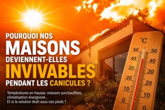 Maison surchauffée sous un soleil de canicule avec thermomètre affichant plus de 40 degrés, illustration des fortes chaleurs dans les habitations françaises.