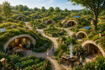 Quartier écologique composé de maisons semi-enterrées GreenPod avec potagers, chemins courbes, nichoirs, jardins fleuris et familles profitant d'un habitat naturellement frais.