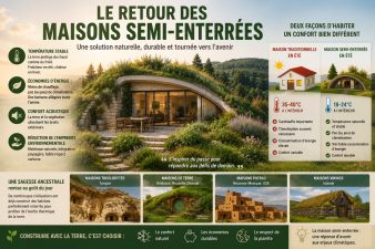 Maison semi-enterrée recouverte de végétation illustrant le retour des habitats bioclimatiques adaptés aux canicules et aux économies d'énergie.