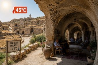 Village troglodyte et maisons semi-enterrées offrant une fraîcheur naturelle malgré une température extérieure de 45 °C, avec des habitants profitant de l'ombre.