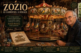 ZOZIO, carrousel à oiseaux imaginé et fabriqué par l'artiste plasticien Antonio Benincà, inspiré des oiseaux des jardins comme le rouge-gorge, la mésange et le pinson.