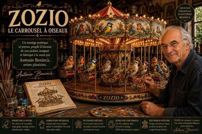 ZOZIO, carrousel à oiseaux imaginé et fabriqué par l'artiste plasticien Antonio Benincà, inspiré des oiseaux des jardins comme le rouge-gorge, la mésange et le pinson.
