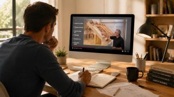 personne regardant une vidéo sur la construction tout en prenant des notes