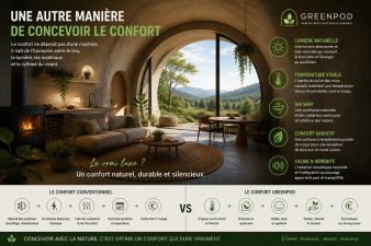 Intérieur chaleureux d'un GreenPod semi-enterré illustrant une nouvelle manière de concevoir le confort grâce à l'inertie thermique, à la lumière naturelle, aux matériaux massifs et à l'architecture bioclimatique.
