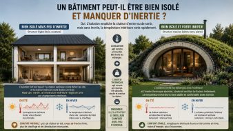 Infographie comparant une maison bien isolée mais à faible inertie thermique avec un GreenPod alliant isolation et forte inertie thermique pour offrir un confort intérieur stable toute l'année.