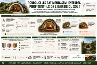 Infographie expliquant pourquoi les bâtiments semi-enterrés bénéficient de l'inertie thermique du sol. La terre conserve une température stable toute l'année, limitant les variations de température et améliorant le confort en été comme en hiver.