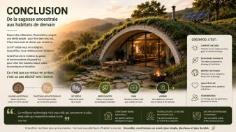 Maison GreenPod semi-enterrée illustrant la continuité entre les habitats ancestraux, l'inertie thermique, le PAHS et l'architecture bioclimatique de demain.