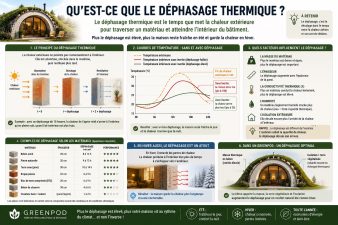 Infographie expliquant le déphasage thermique dans un bâtiment. La chaleur met plusieurs heures à traverser les matériaux massifs, retardant ainsi la montée de la température à l'intérieur et améliorant le confort d'été.