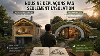Comparaison entre une maison traditionnelle isolée par ses murs et une maison GreenPod utilisant la masse thermique de la terre.