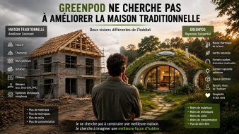 Comparaison entre une maison traditionnelle et une maison GreenPod illustrant deux approches différentes de l'habitat et de la construction.