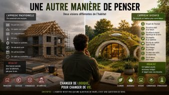 Comparaison entre l'approche traditionnelle de la construction et la philosophie GreenPod centrée sur les besoins humains et la simplicité.