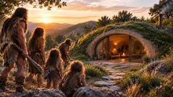 Des hommes préhistoriques vêtus de peaux de bêtes découvrent une maison semi-enterrée inspirée du concept GreenPod, illustrant l'utilisation de l'inertie thermique de la terre depuis la préhistoire.