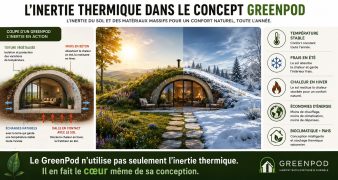 Infographie présentant le concept GreenPod et son utilisation de l'inertie thermique du sol et des matériaux massifs. Coupe d'une maison semi-enterrée, fonctionnement été/hiver et principaux bénéfices bioclimatiques.