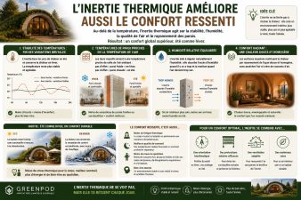 Infographie expliquant comment l'inertie thermique améliore le confort ressenti dans une maison en stabilisant la température, en réduisant les parois froides ou chaudes, en régulant naturellement l'humidité et en procurant une chaleur douce toute l'année.