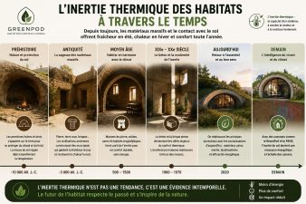 Frise chronologique illustrant l'évolution de l'inertie thermique dans l'habitat, des grottes préhistoriques aux maisons troglodytiques, jusqu'aux habitats semi-enterrés modernes comme le GreenPod et au stockage saisonnier PAHS.