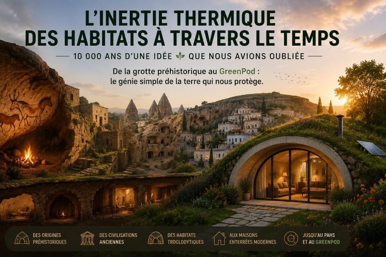 Illustration retraçant l'évolution de l'inertie thermique des habitats, depuis les grottes préhistoriques et les villages troglodytiques jusqu'aux maisons semi-enterrées GreenPod et au concept PAHS.