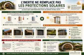Infographie montrant que l'inertie thermique et les protections solaires sont complémentaires. Les protections solaires empêchent la chaleur d'entrer tandis que l'inertie thermique absorbe et restitue progressivement la chaleur pour maintenir un confort optimal en été.