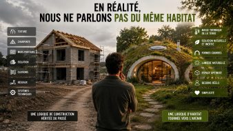 Comparaison entre une maison traditionnelle en construction et une maison GreenPod semi-enterrée illustrant deux approches différentes de l'habitat.