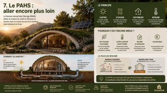 Schéma illustrant le fonctionnement du PAHS (Passive Annual Heat Storage) dans une maison semi-enterrée GreenPod. La chaleur estivale est stockée dans le sol puis restituée naturellement pendant l'hiver.